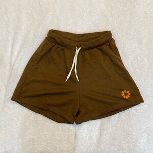 Women's Brown Drawstring Lounge Shorts with Orange Flower Accent